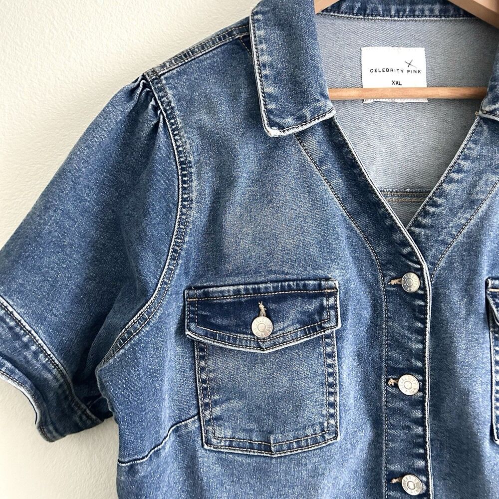 Celebrity Pink Denim Dress Juniors Size XXL Stretch Button Up Medium Wash - Picture 5 of 13